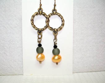 Gray and Pearl Dangle Earrings - Frosted Gray Glass - Marigold (dyed) Natural Pearls -Antique Gold Twist Hoops - Ball Tip Ear Wires