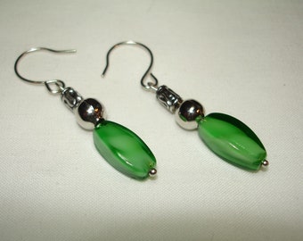 Green Givre Glass Dangle Earrings - Beautiful encased glass beaded earrings -  Silver tone findings