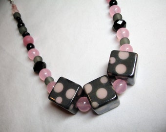 Pink & Gray Polka Dot Necklace - Chunky Gray w Pink Dots Acrylic Beads - Pink Gray and Black Glass Beading in the chain