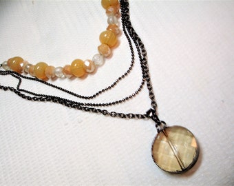 Sparkling Faceted Champagne Crystal Necklace - Glass Accent beading - 4 Strands - Crystal Pendant Necklace - Champagne Gold