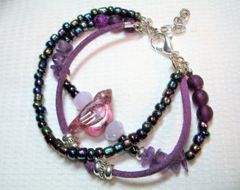 Purple Beaded Bird Bracelet - Czech Glass Bird - Polished Amethyst Chips - Peacock Finish Seed Beads - Purple Faux Suede- 3 Strands