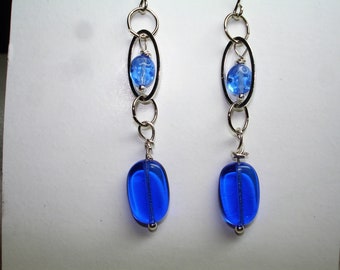 Cobalt Blue Dangle Earrings - Glass Beading - Silvertone Findings