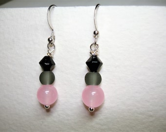 Pink Gray and Black Dangle Earrings - Triple bead dangles - Silvertone findings