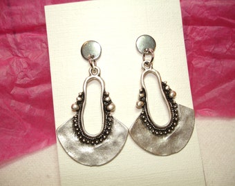 Dramatic, Silver drop earrings -Beautiful style has hammered flange and beaded edges.