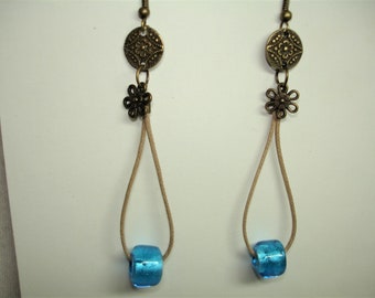 Aqua Blue Glass Dangle Earrings - 2 1/2 inch drop -Antique Gold Accents - Waxed Cord Loops