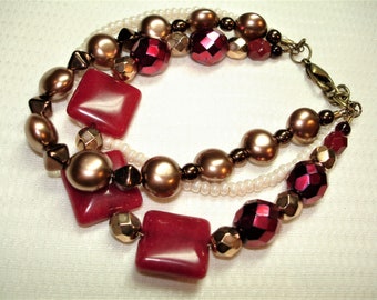 Red Jade & Pearl Bracelet - Red Jade Squares - Faceted Czech gold Preciosa beads - 10mm Faceted Red beads -bronze and cream glass pearls