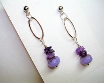 Wonderful Amethyst & Czech Glass Earrings - Stacked Amethyst Polished Chips - Light Purple Czech glass Beads- Silver Oval Hoops -Ball Studs