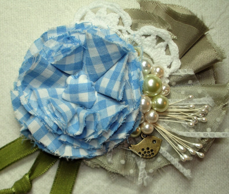 Fabric Flower Brooch or Pin Tiny Bird Charm- Pearl Trims Bar Pin Blue Gingham Flower Green Petals and Ribbon -White Doily Trim