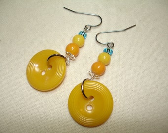 DANGLE BUTTON EARRINGS - Deep Yellow button - 2 yellow glass beads - small aqua glass bead