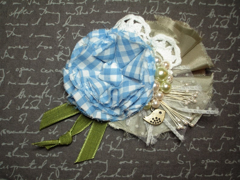 Fabric Flower Brooch or Pin Tiny Bird Charm- Pearl Trims Bar Pin Blue Gingham Flower Green Petals and Ribbon -White Doily Trim