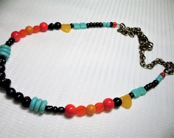 Colorful Beaded Necklace - Southwestern Style in Black Aqua Yellow & Orange - Antique Gold chain -