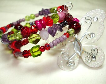 Multi-Color Memory Wire Bracelet - Red Green and Purple beading - So Versatile!