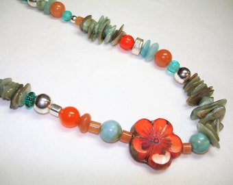 Multi Color Beaded Flower Necklace ~ Orange Blue & Silver Beading -Stacked Polished Shell beads- Czech Flower Bead - Silvertone chain