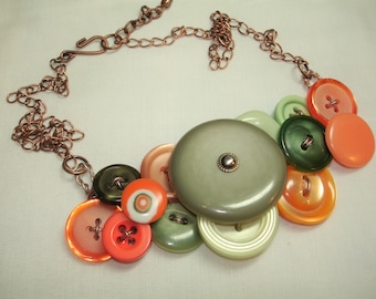 Vintage Button Necklace- Pretty Autumn shades of Orange and Green - Coppertone chain - Hand wired