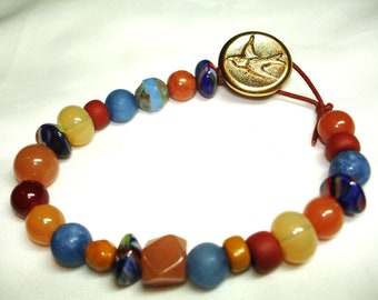 Colorful Beaded Leather Bracelet with Bird Button