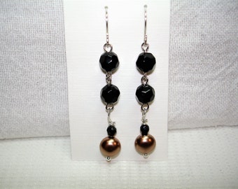 Black and Gold Dangle or Drop Earrings - Faceted black glass beads - Golden Pearl lentil beads - Silvertone findings
