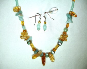 Citrine and Amazonite Necklace - Golden Citrine Nuggets with Amazonite chips and glass bead spacers.