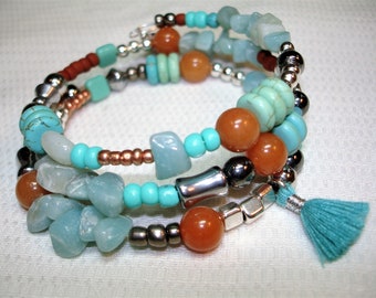 Aqua Blue Silver and Orange Memory Wire Bracelet - Amazonite Chips -Tiny Tassel Accent - Adjustable Fit * Wrap-around wire bracelet