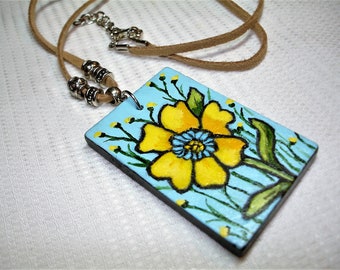 Yellow Flower Necklace - Hand Painted Art Tile Necklace - Solid wood tile -Tan Faux Leather Neck Chain - Silvertone accent beads