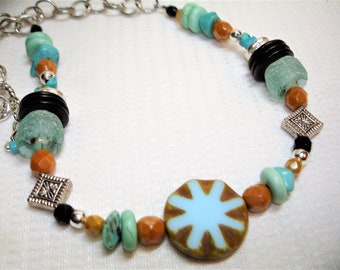 Aqua Mustard Gold Silver & Black Beaded Necklace - Silver and Turquoise Accents -Southwest Flair - Desert golds and Aqua blues -
