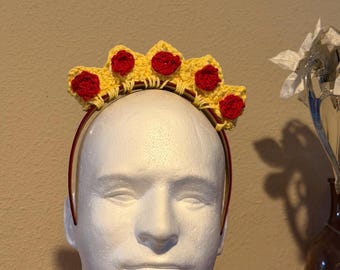 Crochet princess tiara headband yellow with red roses handmade