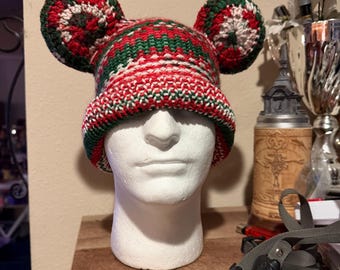 Christmas Mouse hat with ears crochet and knit handmade red white and green