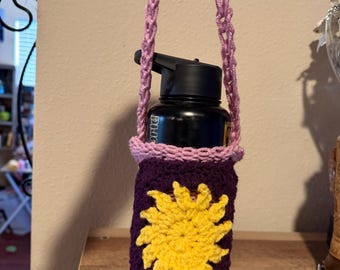 Crochet and knit handmade tangled sun or Mickey Mouse water bottle holder with strap