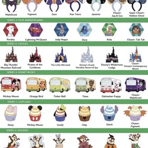 May include: A collection of Disney-themed merchandise, including ear headbands, film anniversary characters, castle illustrations, buses, cupcakes, and holiday-themed characters. The image features various characters and designs from Disney movies and parks.