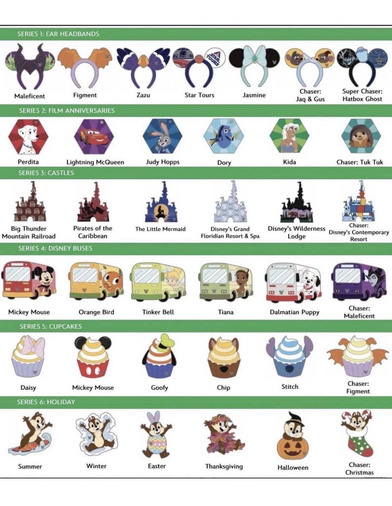 May include: A collection of Disney-themed merchandise, including ear headbands, film anniversary characters, castle illustrations, buses, cupcakes, and holiday-themed characters. The image features various characters and designs from Disney movies and parks.