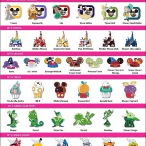 May include: A product preview sheet for Disney pins. The sheet features various pin designs, including characters like Tramp, Cogsworth, and Snow White. The pins are organized into sets with themes like castles, ear hats, treats, green characters, and bubble wands.