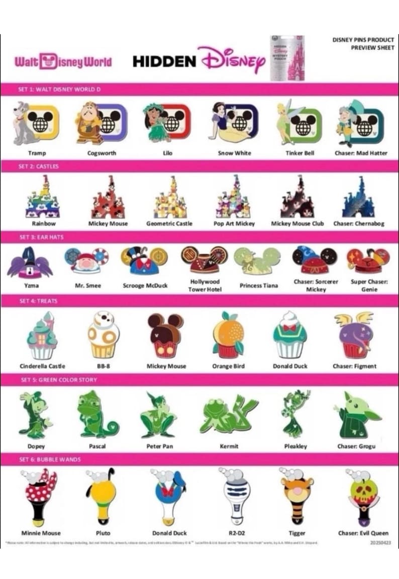 May include: A product preview sheet for Disney pins. The sheet features various pin designs, including characters like Tramp, Cogsworth, and Snow White. The pins are organized into sets with themes like castles, ear hats, treats, green characters, and bubble wands.