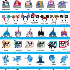 May include: A product preview sheet for Disney pins and ear headbands. The sheet features various Disney characters like Mickey Mouse, Ariel, and Stitch. The items include pins for the 25th anniversary and ear headbands.
