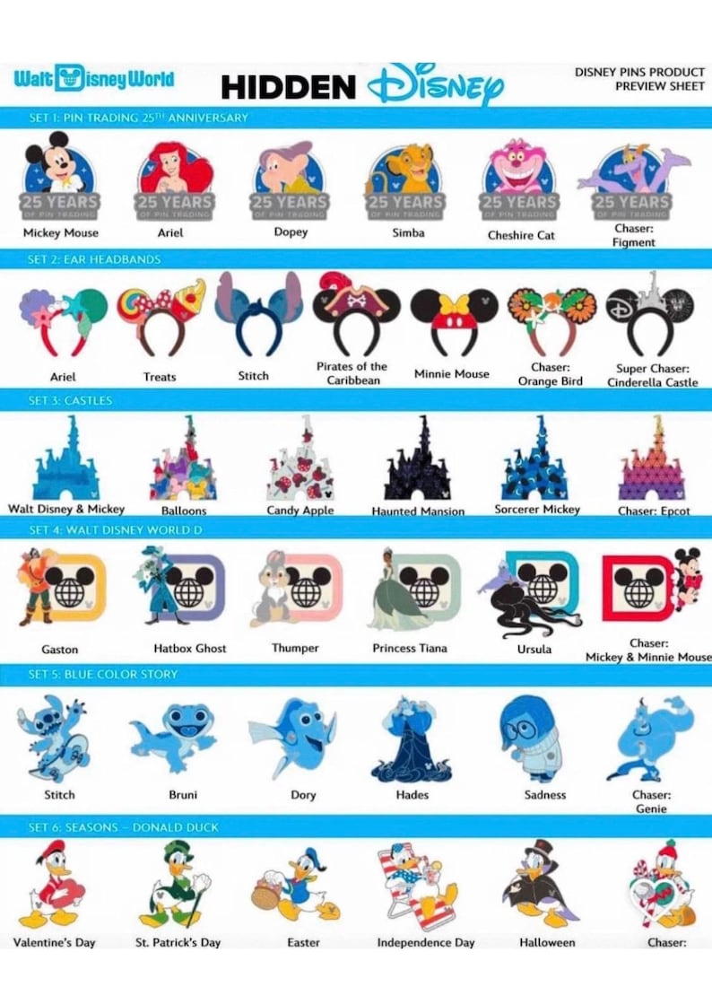 May include: A product preview sheet for Disney pins and ear headbands. The sheet features various Disney characters like Mickey Mouse, Ariel, and Stitch. The items include pins for the 25th anniversary and ear headbands.