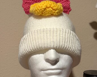 Duck beanie with pink bow knit handmade