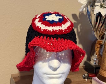 Crocheted Captain America Sun Hat, Handmade Cotton Bucket Cap