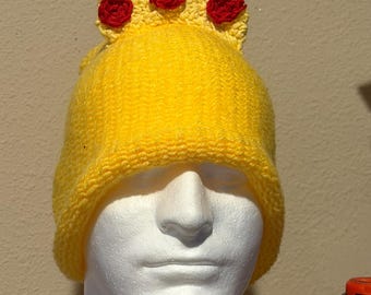 Yellow beanie hand knit and crochet with rose tiara