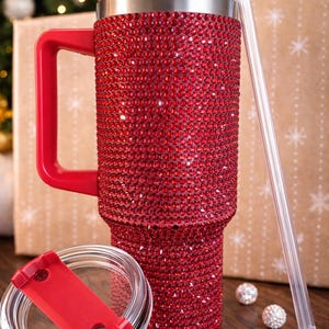 Rot Rhinestone Bling 40 Unzen Becher mit Griff, Deckel und Strohhalm