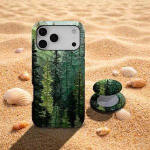 May include: A rectangular smartphone case and a matching circular collapsible phone grip featuring a forest scene with layered green pine trees. The design displays a dense woodland pattern with varying shades of dark and light green foliage.