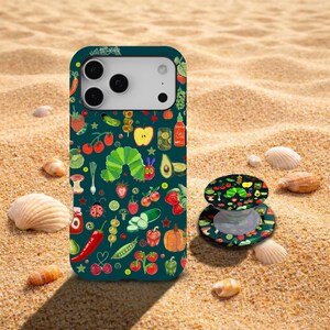 Cute Caterpillar Fruit Phone Case, Whimsical Veggie Phone Case, Cute Garden Collage Cover, iPhone 17 16 15 14 13 12 11, Samsung S26 S25 S24