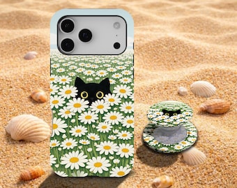 Black Cat Daisy Phone Case, Floral Cat Art Phone Case, Cottagecore Aesthetic, Cute Phone Case, iPhone 17, 16, 15, 14, 13, 12, Samsung S26