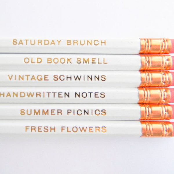 Favorite Things Pencils - White & Gold, Set of 6, Stocking Stuffers