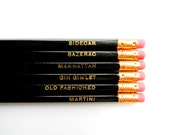 Classic Cocktails Pencils, Black & Gold, Stocking Stuffers- Set of 6
