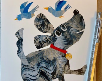 Millie, dog with blue birds Greeting Card