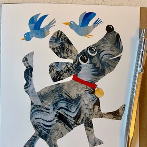 Millie, cane con uccellini blu, biglietto d'auguri