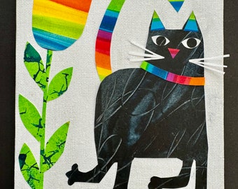 Original Canvas, Rainbow Cat with heart and flower