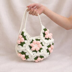 Gehaakte vierkante oma-tas, draagtas, handgemaakte schoudertas, roze bloem zomer strandtas, Moederdagcadeau, verjaardagscadeau voor haar