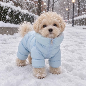 Pode incluir: Um cão pequeno de pelo claro e encaracolado veste um macacão acolchoado azul-claro de mangas compridas, com gola alta e fecho de correr frontal. O cão está ao ar livre num ambiente com neve, com flocos de neve sobre o seu pelo.