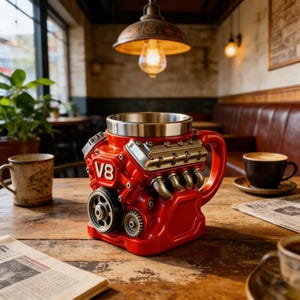 Könnte beinhalten: Eine rote Kaffeetasse in Form eines V8-Motors mit Edelstahlrand und Griff. Die Tasse hat detaillierte Motorkomponenten, einschließlich Zahnrädern und Auspuffrohren. Die Tasse steht auf einem Holztisch in einem Café.