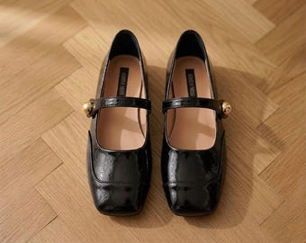 Black Patent Leather Mary Janes, Elegant Square Toe Women Shoes, Retro Block Heel Pumps, Gold Button Detail