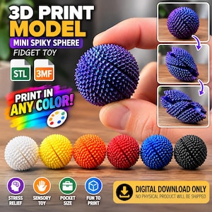 Può includere: Un modello di stampa 3D per un giocattolo fidget a sfera spinosa in miniatura. Il file digitale include i formati STL e 3MF. La sfera presenta una superficie ruvida e appuntita, mostrata in vari colori tra cui viola, bianco, giallo, arancione, rosso, blu e nero.
